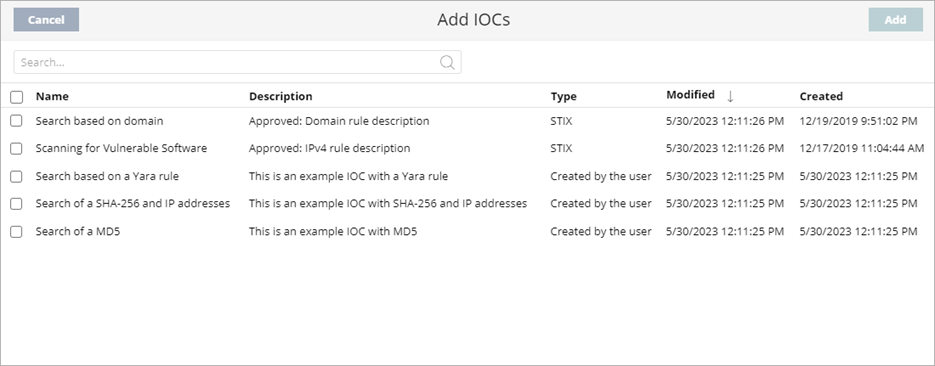 Screen shot of Add IOCs dialog box