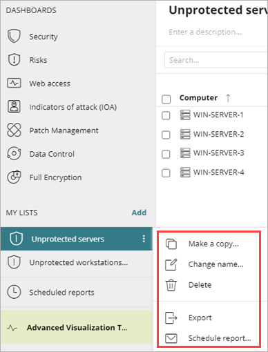 Screen shot of WatchGuard Endpoint Security, My Lists options