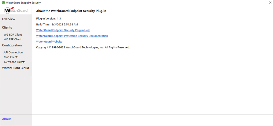 Screenshot of the Endpoint Security plug-in About page.