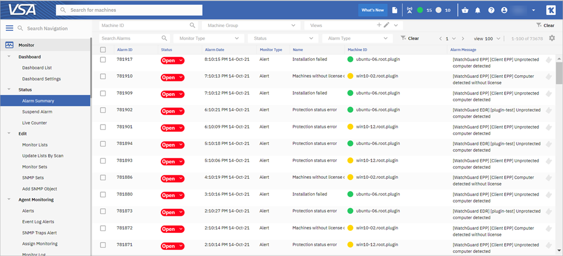 Screen shot of the Alarm Summary page in the Kaseya VSA UI