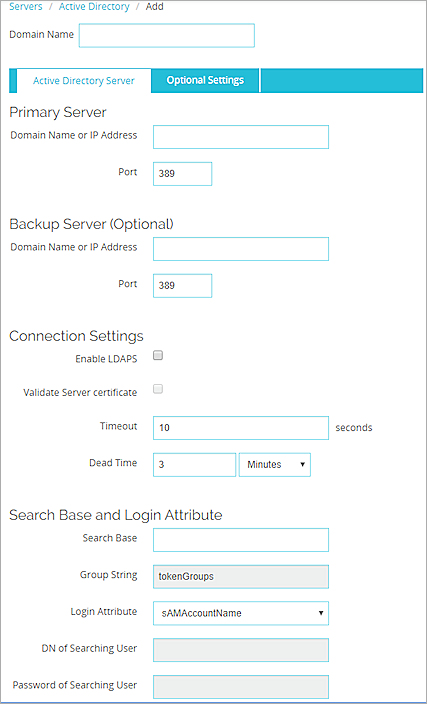 Screen shot of the Add page for an Active Directory domain