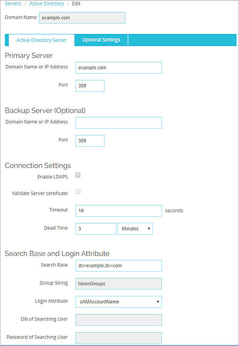 Screen shot of the Edit page for an Active Directory server