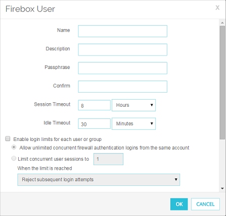 Capture d'écran de la boîte de dialogue Configuration d'utilisateur Firebox