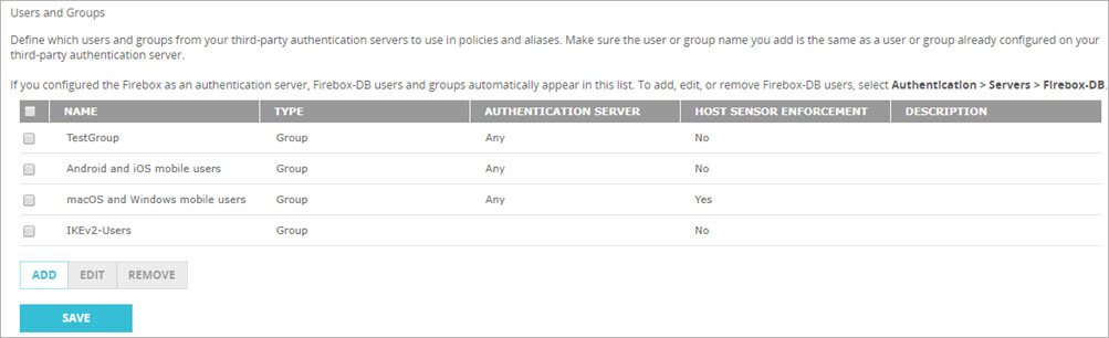 Capture d'écran de la page Utilisateurs et groupes d'authentification