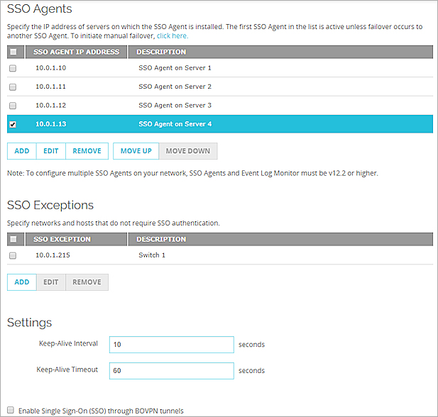 Capture d'écran de la configuration des SSO Agent