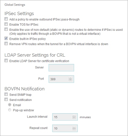 Capture d'écran de la boîte de dialogue Paramètres VPN globaux