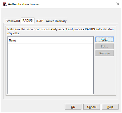 Capture d'écran de la boîte de dialogue Serveurs d'authentification, onglet RADIUS