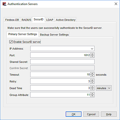 Capture d'écran de la boîte de dialogue Serveur d'authentification, onglet SecurID