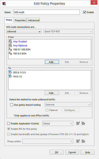 Capture d'écran de la boîte de dialogue Modifier les propriétés de la stratégie pour la stratégie d'authentification de WatchGuard.