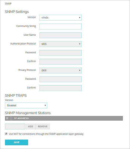 Capture d'écran de la page Paramètres SNMP