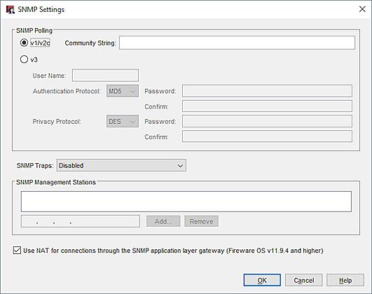 Capture d'écran de la boîte de dialogue Paramètres SNMP