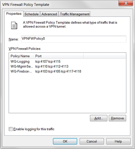 Capture d'écran de la boîte de dialogue Modèle de stratégie de pare-feu VPN