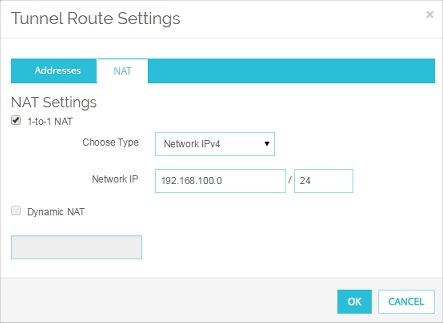 Capture d'écran de la boîte de dialogue Paramètres de route de tunnel - onglet NAT