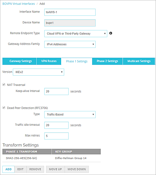 Capture d'écran des paramètres de Phase 1 pour une interface virtuelle BOVPN