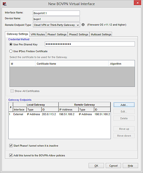 Capture d'écran des paramètres de passerelle de l'interface virtuelle BOVPN