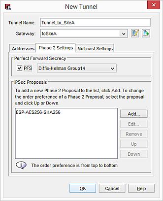 Capture d'écran de la boîte de dialogue Nouveau tunnel - Paramètres de phase 2