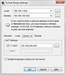 Capture d'écran de la boîte de dialogue Paramètres de route de tunnel avec les paramètres de 1-to-1 NAT réglés sur 192.168.100.0/24.