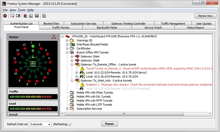 Capture d'écran de messages de diagnostic VPN dans Firebox System Manager