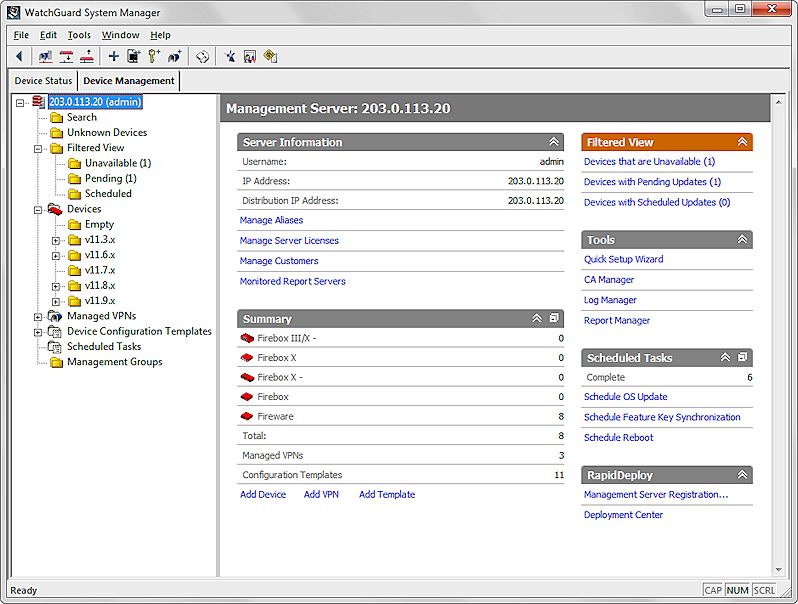 Capture d'écran de l'onglet Gestion des Périphériques de WatchGuard System Manager