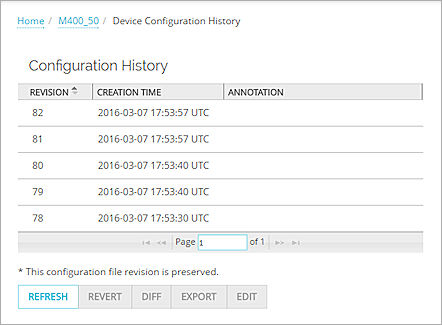 Capture d'écran de la page Historique de configuration du Périphérique