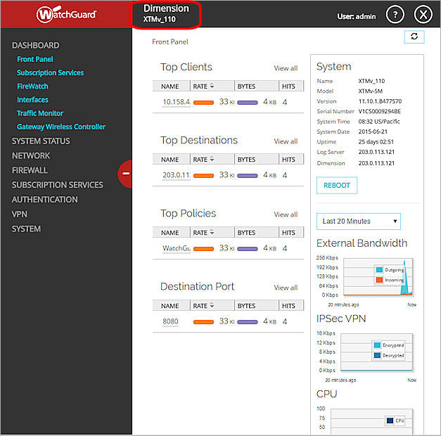 Capture d'écran de Fireware Web UI, ouvert depuis Dimension