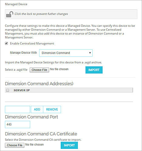 Capture d'écran de la page Périphérique Géré avec Dimension Command sélectionné