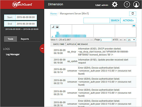 Capture d'écran de la page Log Manager pour un Serveur WatchGuard