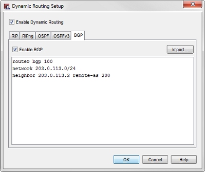 Capture d'écran de l'onglet BGP avec un fichier de configuration importé