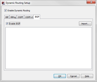 Capture d'écran de la boîte de dialogue Configuration du routage dynamique, onglet BGP