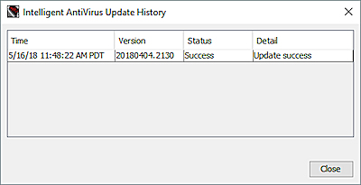 Capture d'écran de l'historique de mise à jour d'Intelligent AntiVirus