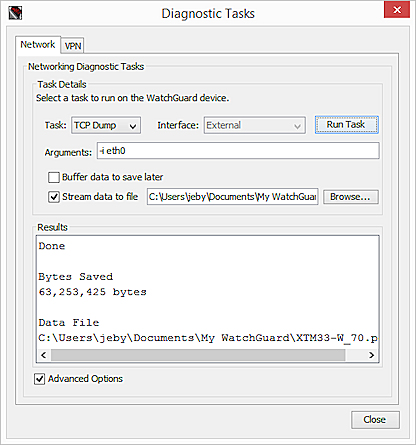 Capture d'écran de la boîte de dialogue Tâches de diagnostic, avec les résultats de la tâche TCP Dump