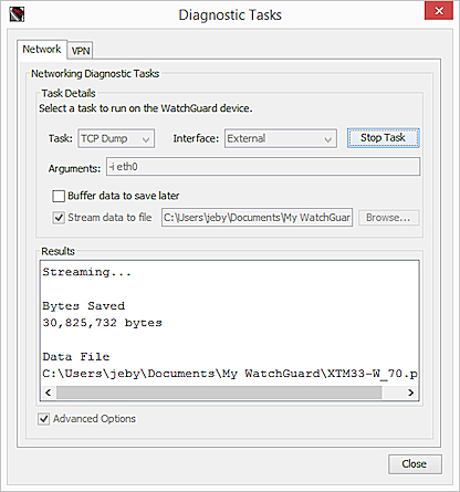 Capture d'écran de la boîte de dialogue Tâches de diagnostic, avec une tâche TCP Dump en cours d'exécution