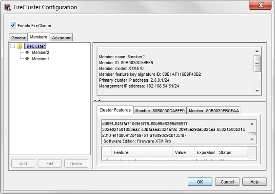 Capture d'écran de la boîte de dialogue Configuration de FireCluster, onglet Membres