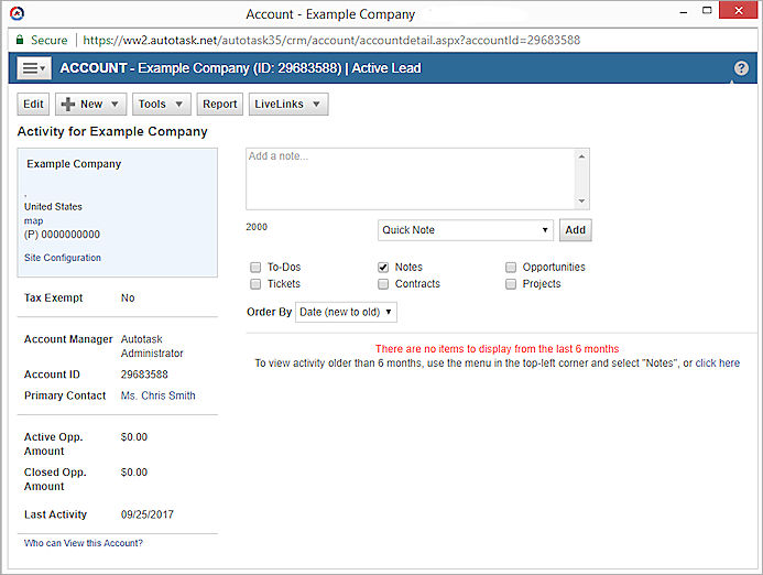 Capture d'écran de la page Comptes Autotask