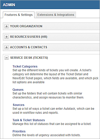 Capture d'écran de la section Tickets du Bureau de Service Autotask