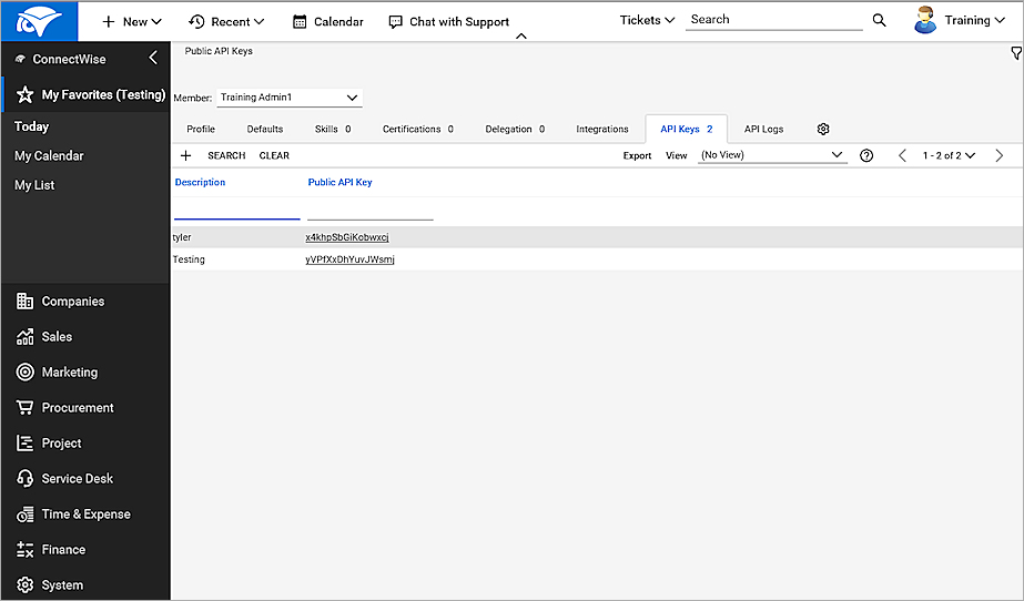 Capture d'écran de l'onglet Clés API du Compte Utilisateur ConnectWise