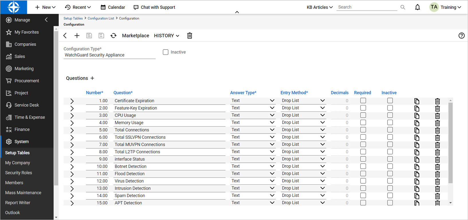 Capture d'écran de la page de modification de question de configuration dans ConnectWise