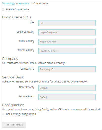 Capture d'écran de la page d'intégration de Firebox avec ConnectWise dans Fireware Web UI