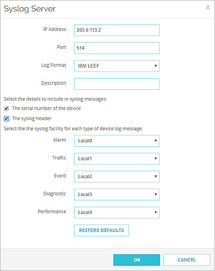 Capture d'écran des paramètres de Serveur Syslog pour le format de journal IBM LEEF.