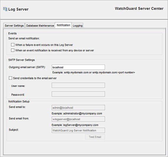 Capture d'écran de l'onglet Notification Log Server