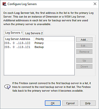 Capture d'écran de la boîte de dialogue Configurer les Serveurs Log Server.