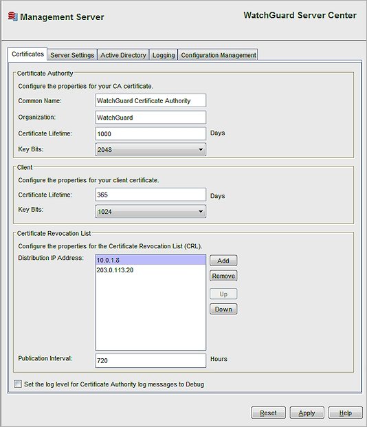 Capture d'écran de la page Certificats de Management Server