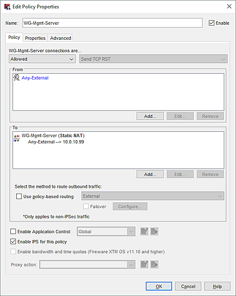 Capture d'écran de la boîte de dialogue Modifier les propriétés de stratégie pour la stratégie WG-Mgmt-Server