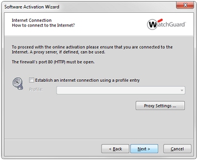 Capture d'écran de l'assistant Software Activation Wizard, écran Connexion à Internet