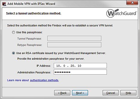 Capture d'écran de l'Assistant Add Mobile VPN with IPSec Wizard, à l'étape Sélectionner une méthode d'authentification de tunnel