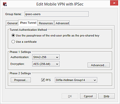 Capture d'écran de la boîte de dialogue Modification MVPN with IPSec, onglet Tunnel IPSec