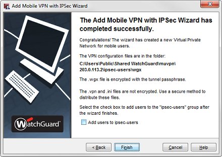 Capture d'écran de la boîte de dialogue L'Assistant Add Mobile VPN with IPSec Wizard s'est terminé correctement