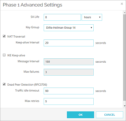 Capture d'écran de la page Paramètres MVPN with IPSec, paramètres avancés de phase 1