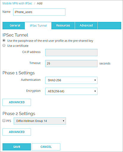 Capture d'écran des Paramètres Mobile VPN with IPSec, onglet Tunnel IPSec