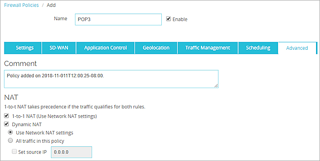 Capture d'écran de la page Configuration de stratégie, onglet Avancé